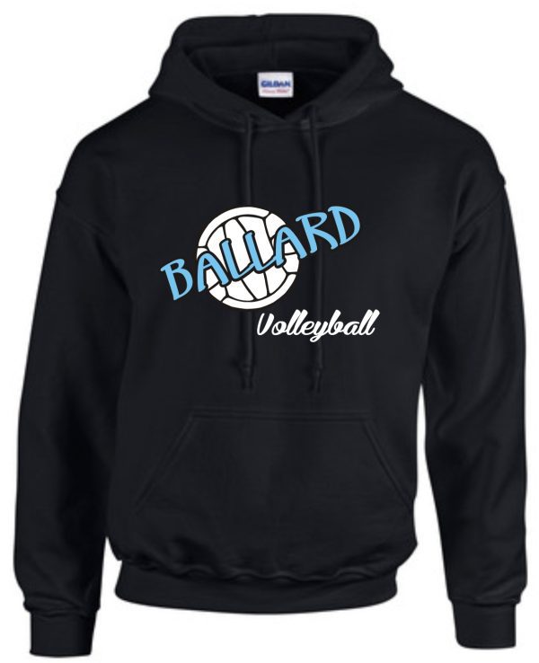 Ballard Volleyball Hoodie with ball G185 with "ballard volleyball" printed in blue and white across a volleyball graphic on the front.