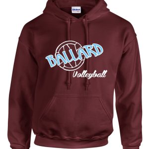 A Ballard Volleyball Hoodie with ball G185 with the word "ballard" and "volleyball" written in a stylized font across a circular design on the front.