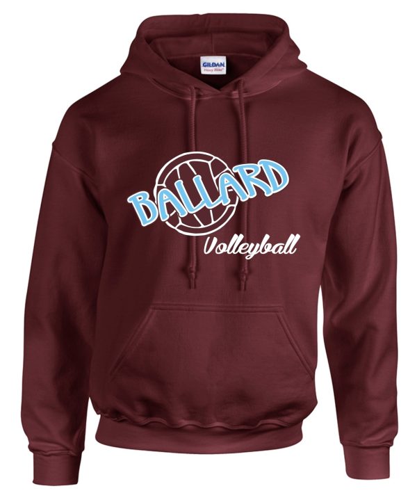 A Ballard Volleyball Hoodie with ball G185 with the word "ballard" and "volleyball" written in a stylized font across a circular design on the front.