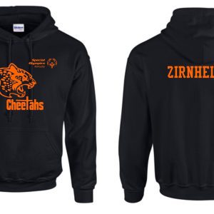 Sentence with replaced product name:
Louisville Cheetahs Black Hoodie G185 with "cheetahs special olympics" logo on the front and the name "zirnheld" on the back.