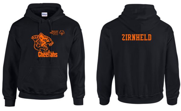 Sentence with replaced product name:
Louisville Cheetahs Black Hoodie G185 with "cheetahs special olympics" logo on the front and the name "zirnheld" on the back.