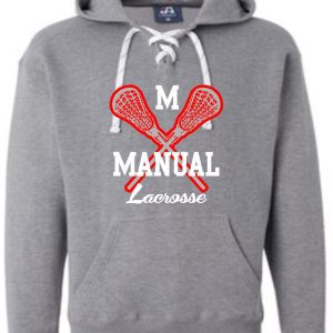 Grey lacrosse hoodie with Manual logo.