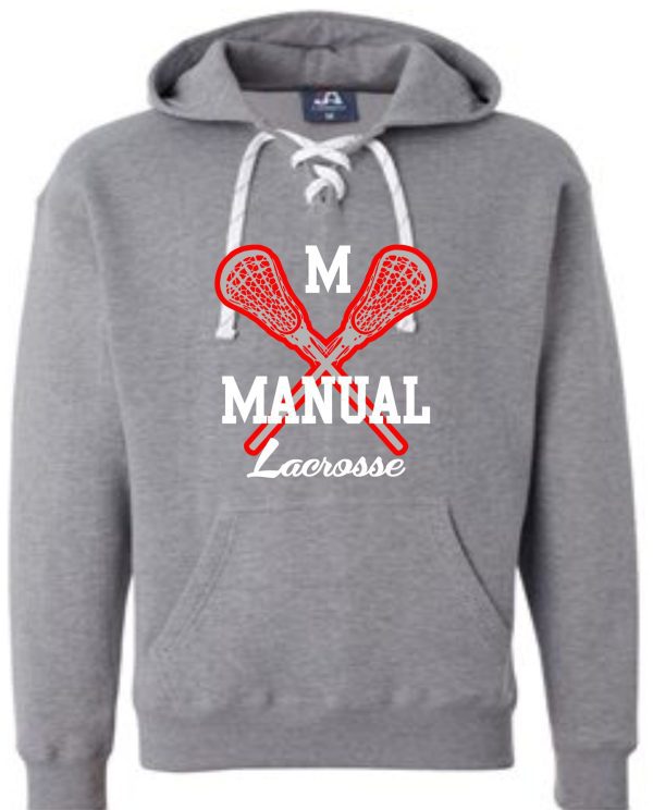 Grey lacrosse hoodie with Manual logo.