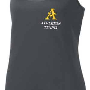 Gray tank top with Atherton tennis logo.