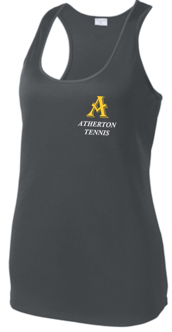 Gray tank top with Atherton tennis logo.