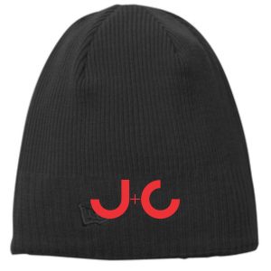 Black knit beanie with red J+C logo.