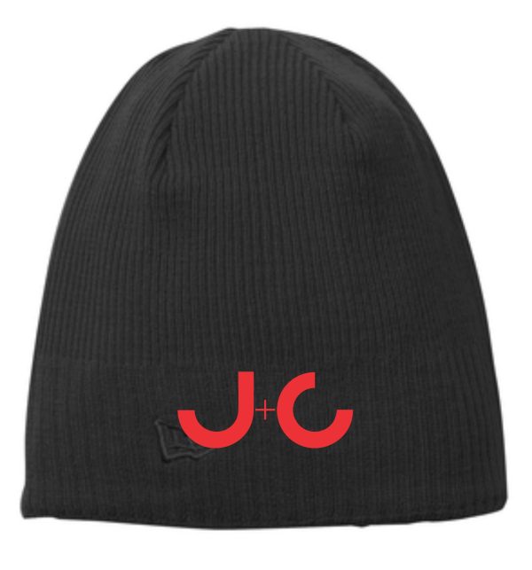 Black knit beanie with red J+C logo.