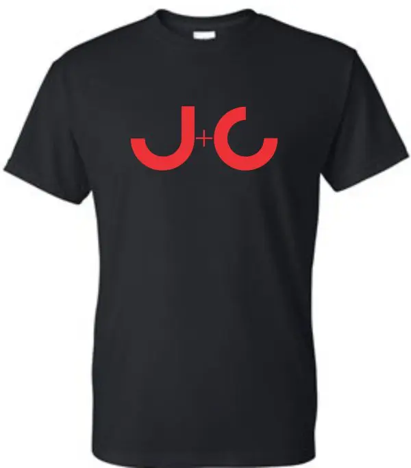 Black t-shirt with red J+C logo.