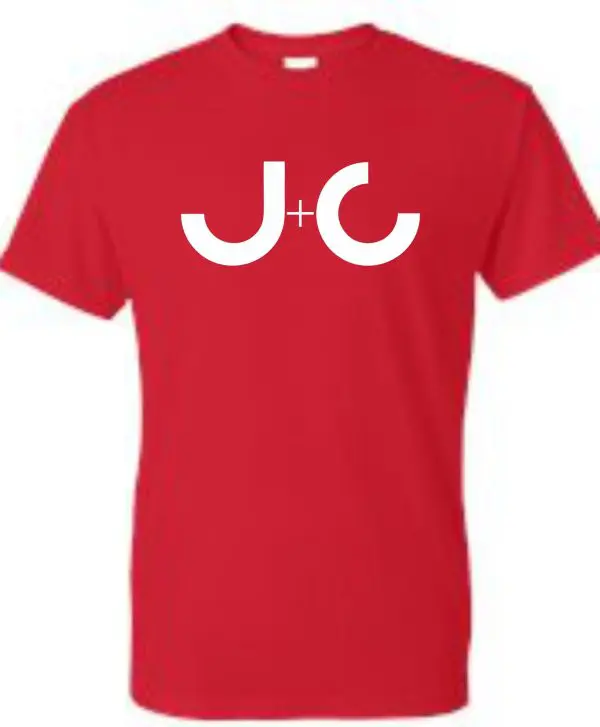 Red T-shirt with white J+C logo.