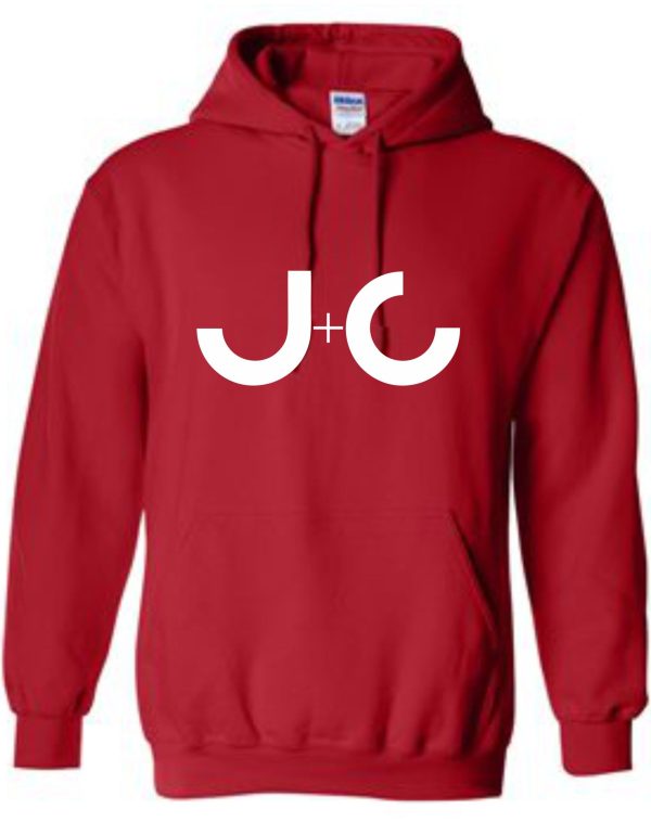 Red hoodie with white J+C logo.