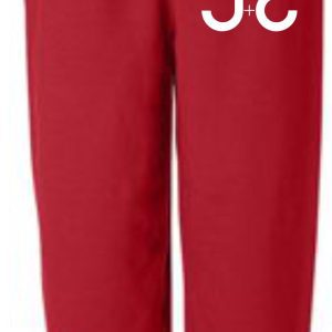 Red sweatpants with white J+C logo.