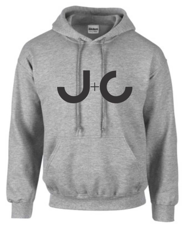 Grey hooded sweatshirt with J+C logo.