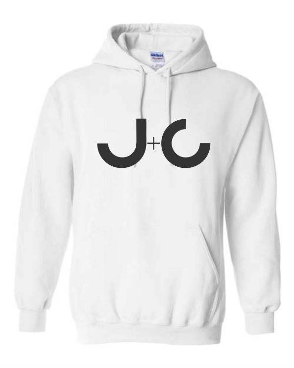 White hoodie with black J+C logo.