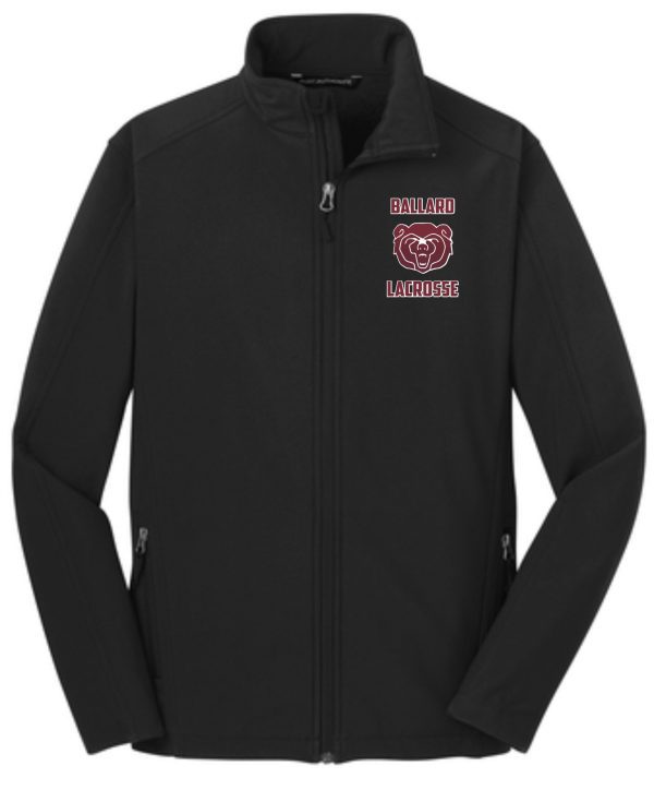 Ballard Lacrosse full zip soft shell jacket J317 with the Ballard Lacrosse logo embroidered on the left chest, featuring a heart and lacrosse sticks.