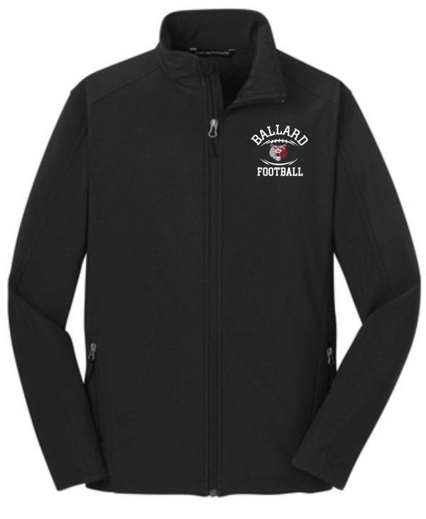 Ballard Football full zip soft shell Jacket J317 with "ballard football" logo on the left chest, featuring a full-length zipper and side pockets.