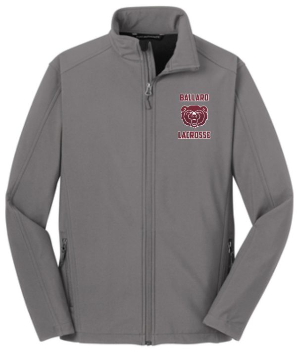 Ballard Lacrosse full zip soft shell Jacket J317 with "ballard lacrosse" logo embroidered on the left chest, featuring a stylized lacrosse stick and ball design.