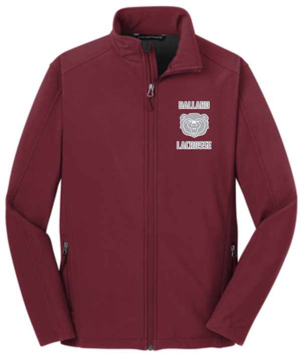 A burgundy zip-up jacket with the Ballard Lacrosse full zip soft shell Jacket J317 logo embroidered on the left chest.