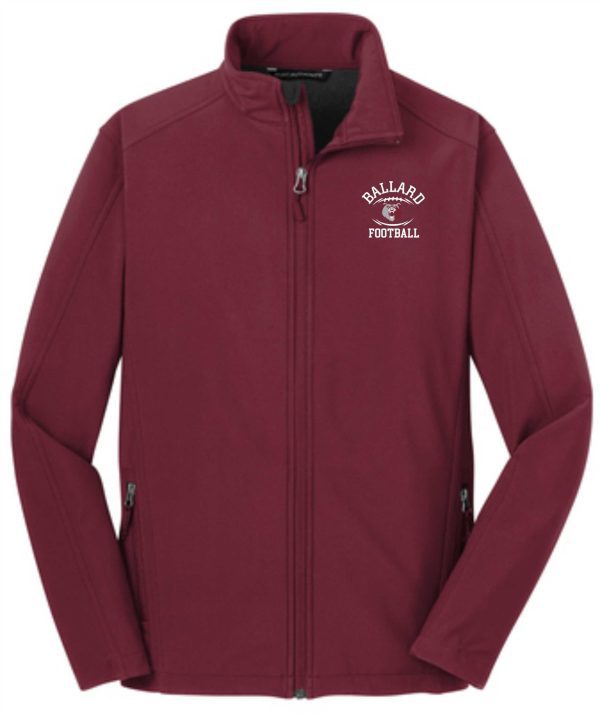 Maroon Ballard Football full zip soft shell Jacket J317, featuring the logo "ballard football" embroidered on the left chest.