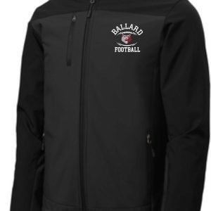 Ballard Football Hooded soft shell Jacket J335 with "ballard football" logo embroidered on the left chest area, featuring a zip closure and side pockets.