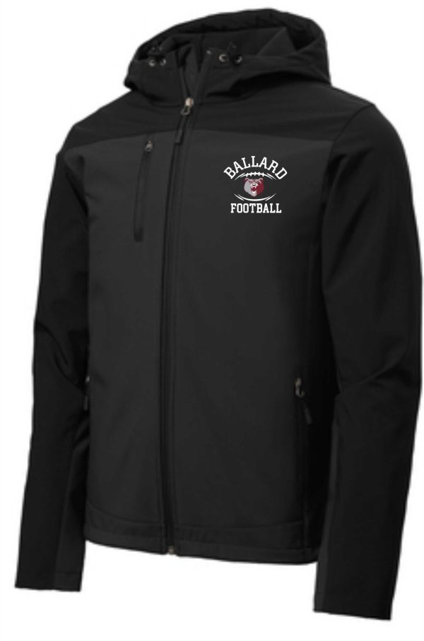 Ballard Football Hooded soft shell Jacket J335 with "ballard football" logo embroidered on the left chest area, featuring a zip closure and side pockets.