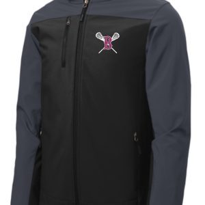 Black and gray Ballard LAX Hooded soft shell Jacket J335 with a zipper and a logo featuring the letter 'b' on the left chest area.