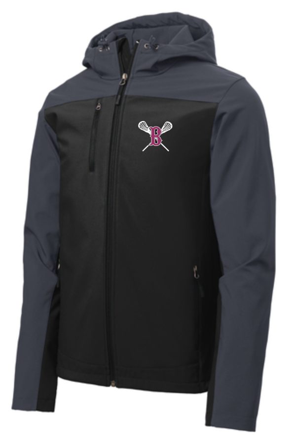 Black and gray Ballard LAX Hooded soft shell Jacket J335 with a zipper and a logo featuring the letter 'b' on the left chest area.