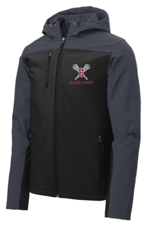 A gray and black Ballard Lacrosse Hooded soft shell Jacket J335 with a "ballard lacrosse" logo embroidered on the left chest.