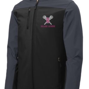 A dark gray Ballard Lacrosse Hooded soft shell Jacket J335 with a logo on the left chest area.