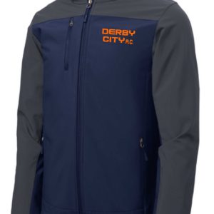 A navy blue Derby City AC Hooded soft shell Jacket J335 featuring the orange and white "derby city ac" logo on the left chest area.