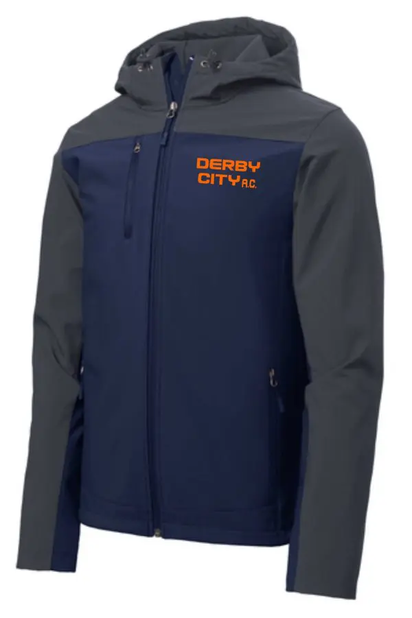 A navy blue Derby City AC Hooded soft shell Jacket J335 featuring the orange and white "derby city ac" logo on the left chest area.