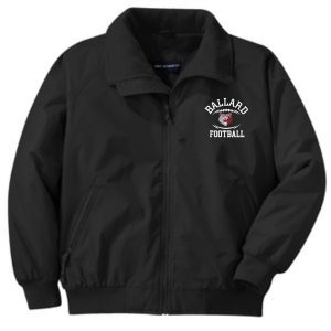 Sentence with product name: Black zip-up Ballard Football Challenger Jacket J754 with a collar, featuring the embroidered text "ballard football" on the left chest area.