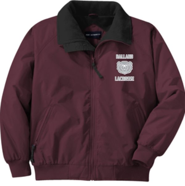 Ballard Lacrosse Challenger Jacket J754 with a black collar and featuring a stylized lion on the left chest area.