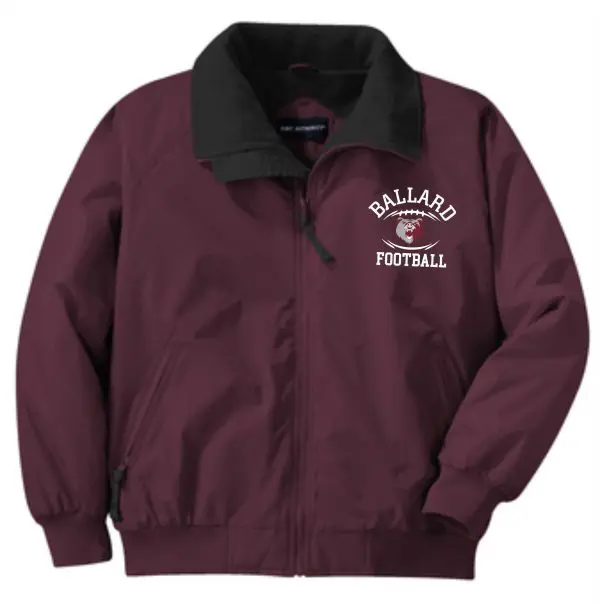 Maroon Ballard Football Challenger Jacket J754 with black collar featuring the Ballard Football logo on the left chest area.