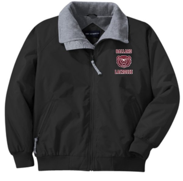 A black and gray varsity jacket with a "Ballard Lacrosse Challenger Jacket J754" logo embroidered on the left chest.