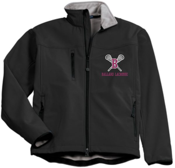 A black zip-up Ballard Lacrosse Glacier soft shell Jacket J790 with "ballard lacrosse" and a lacrosse-themed logo embroidered on the left chest, featuring gray lining.