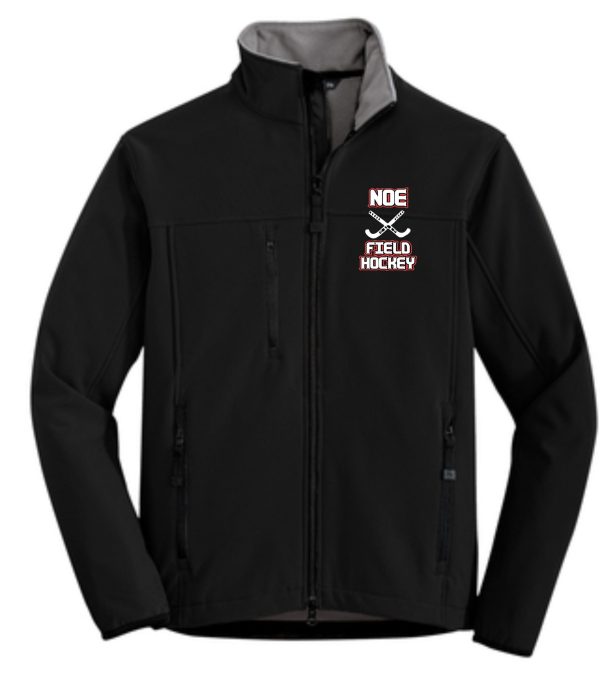 Black softshell jacket with field hockey logo.