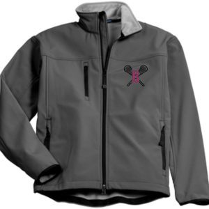 Ballard LAX Glacier soft shell jacket J790 with side pockets and a black and pink logo on the left chest featuring a stylized 'b' and crossed tennis rackets.