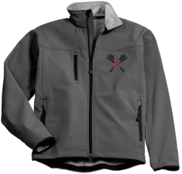 Ballard LAX Glacier soft shell jacket J790 with side pockets and a black and pink logo on the left chest featuring a stylized 'b' and crossed tennis rackets.