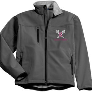 Ballard Lacrosse Glacier soft shell jacket with a zippered front and pockets, featuring a pink and white "ballard lumber" logo on the left chest area.