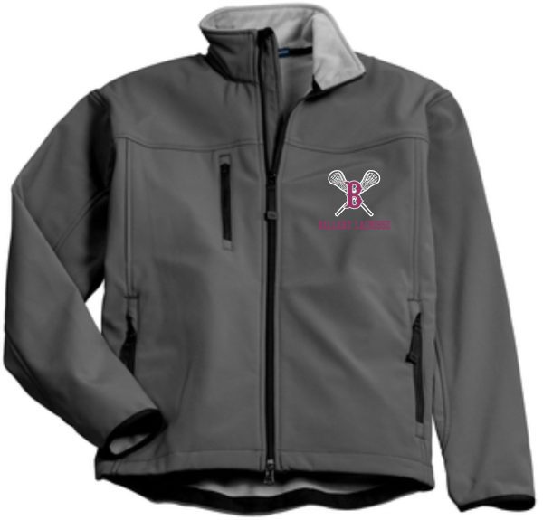 Ballard Lacrosse Glacier soft shell jacket with a zippered front and pockets, featuring a pink and white "ballard lumber" logo on the left chest area.