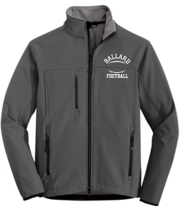 Ballard Football Glacier soft shell Jacket J790 with the text "ballard football" printed on the left chest area, featuring multiple front pockets.