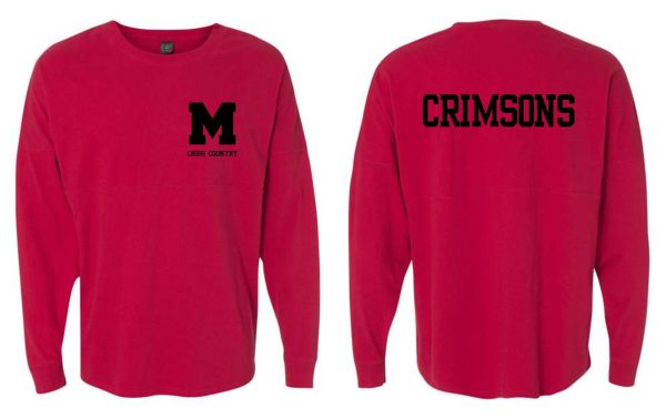 Manual Cross Country Red Spirit Shirt JA8229 with a logo saying "m cross country" on the front and "crimsons" on the back.