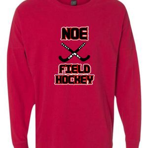 Red long-sleeved shirt with "Noe Field Hockey" graphic.