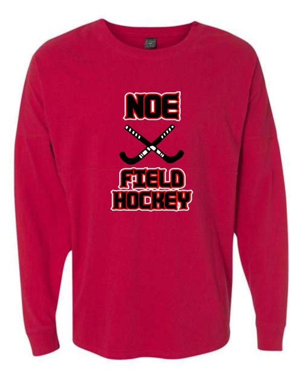 Red long-sleeved shirt with "Noe Field Hockey" graphic.