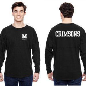 Front and back views of a smiling young man wearing a Manual Cross Country Black Spirit Shirt JA8229 with a white "m" logo on the front and "crimsons" printed on the back.