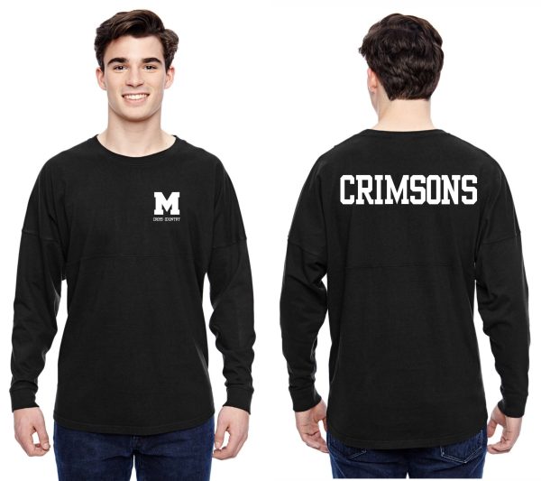 Front and back views of a smiling young man wearing a Manual Cross Country Black Spirit Shirt JA8229 with a white "m" logo on the front and "crimsons" printed on the back.