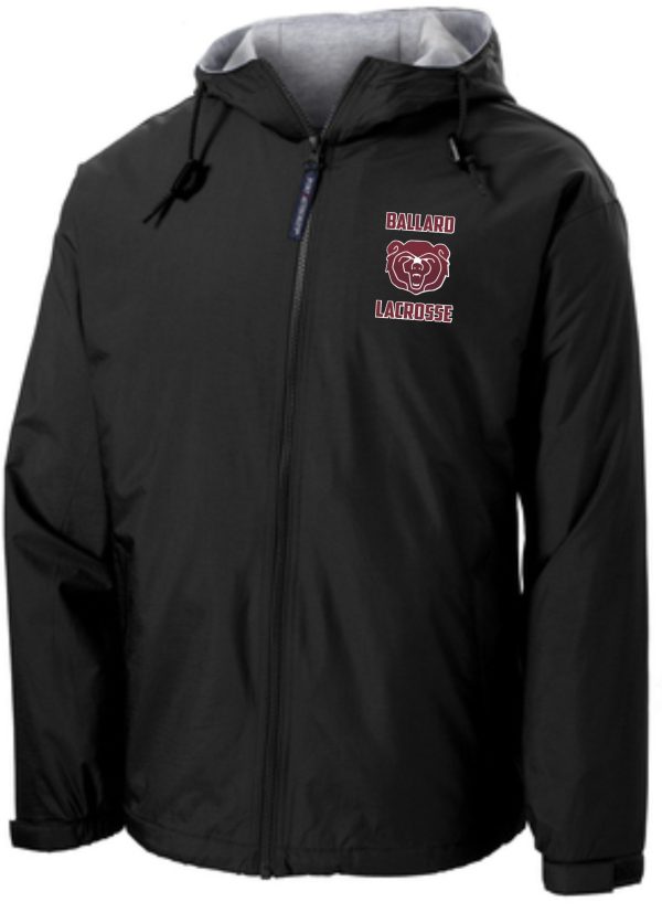 Ballard Lacrosse Team Jacket JP56 with hood, featuring a "ballard lacrosse" logo with a rose design on the left chest area.