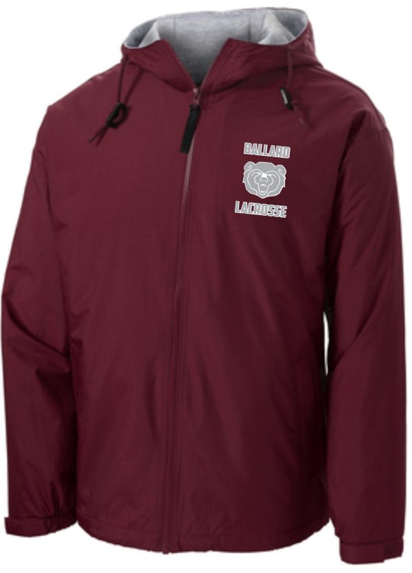 Ballard Lacrosse Team jacket with a hood, featuring a gray inner lining and a logo on the left chest that reads "ballard lumberjacks" with a stylized tree design.