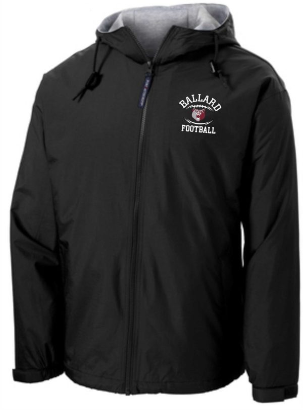 Black zip-up jacket with hood and "Ballard Football Team Jacket JP56" logo on the left chest area.