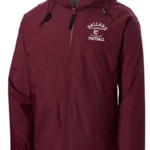 A maroon hooded Ballard Football Team Jacket JP56 with a "ballard football" logo on the left chest, featuring a front zipper and drawstrings.